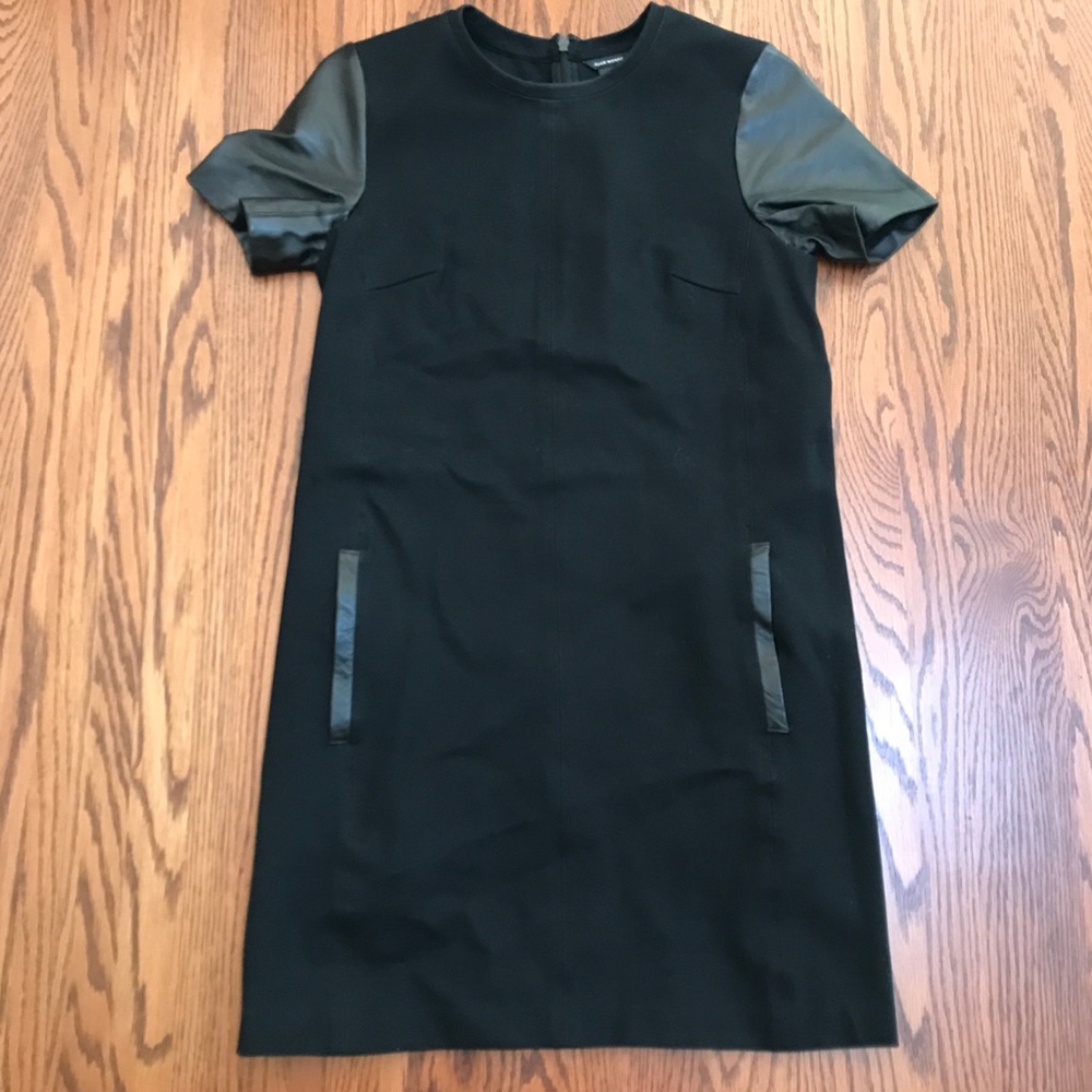 Club Monaco black dress w leather sleeves & trim 0